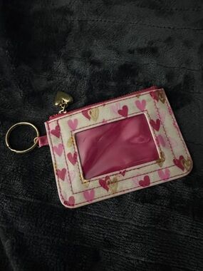 Heart Print ID Wallet Card Holder with Key Ring - Pink